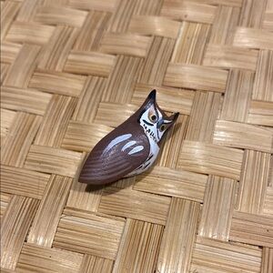 Vintage Carved & Painted Owl Folk Art Brooch Pin Signed BJ Retro Fairycore boho